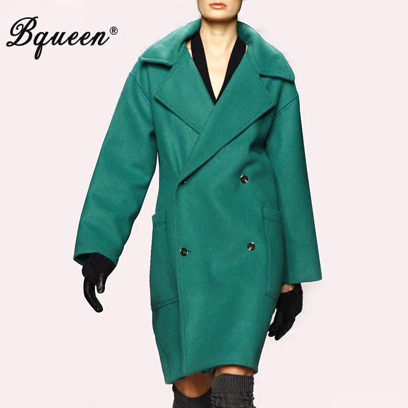 

Bqueen 2017 Autumn & Winter New Fashion Double Breasted Turn-down Collar Green Women's Basic Woolen Coat