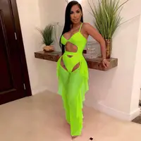 BKLD Ladies Tracksuits Festival Femmes Club Outfits Hollow Out Spaghetti Strap Bodysuit Ruffles Mesh Pant Set Pour Femmes 2024 5