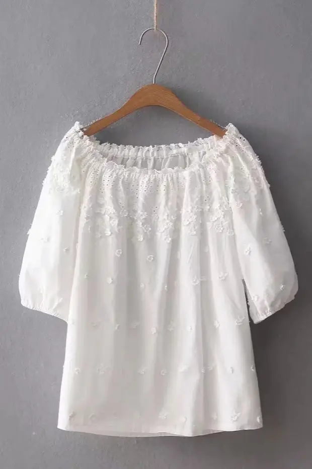 hollow out lace cotton women blouse and shirts slash neck solid lantern sleeved A-line loose office lady white shirts tops
