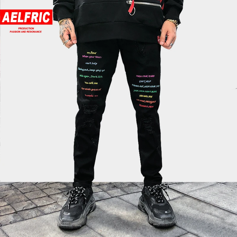 

11 BYBB'S DARK Korean Man Jean Pants Casual Letter Embroidery Autumn Winter Denim Biker Streetwear Skinny Jeans