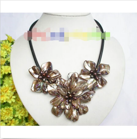 

coffee pearl seashell choker leather necklace j7464^^^@^Noble style Natural Fine jewe FREE SHIPPING