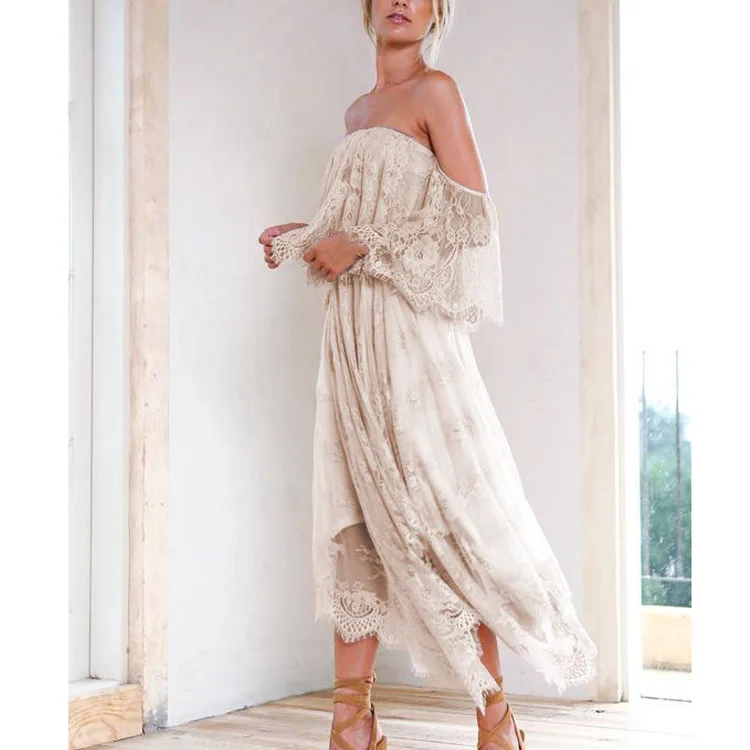 

2019 Vintage Lace Long Sexy Dress Women Hollow Party Dress Ladies Strapless Beach Dress