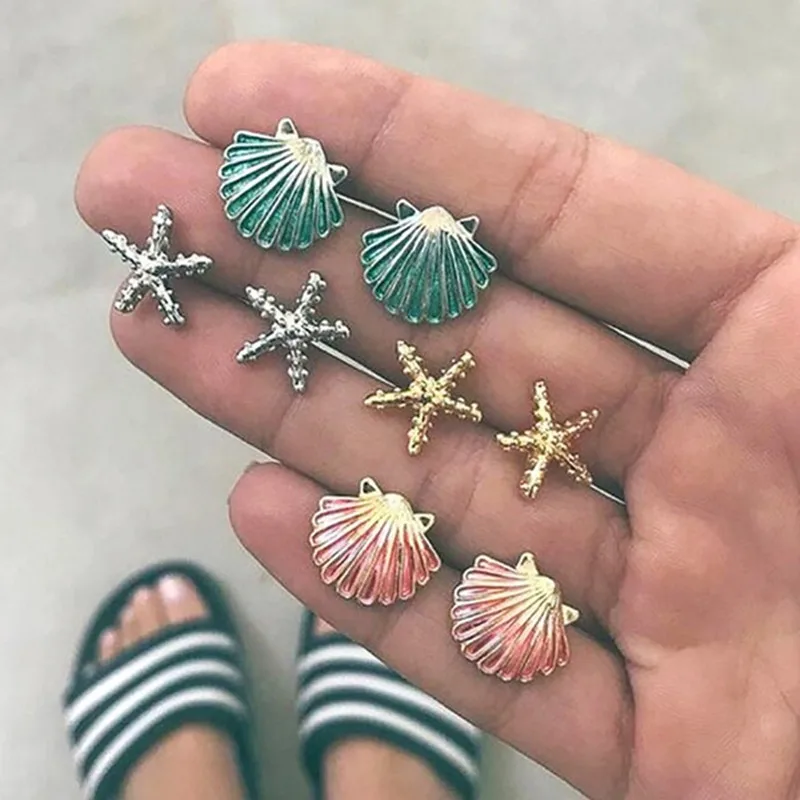 4Pairs/set 2018 Trendy Colorful Conch Stud Earring Seashell Earrings Women Beach Starfish Set Bohemian Jewelry | Украшения и