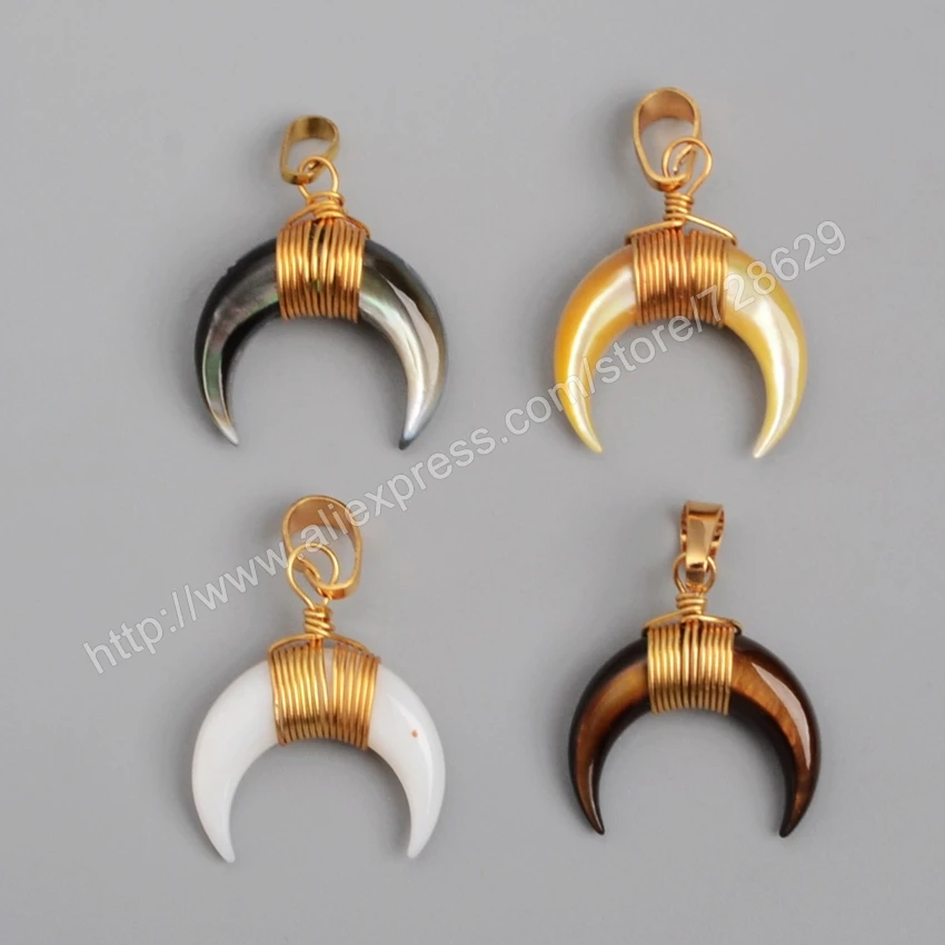 

BOROSA 10pcs Gold Color Wire Wrap Crescent multi colors shell moon pendant for necklace gems jewelry for women WX021