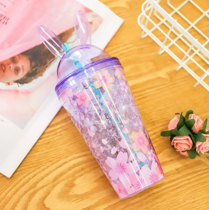 Корейская Милая вишневая кроличья Ушная чашка с двойными стенками холодильная пара водяных чашек студенческий ребенок пластик с соломенной бутылкой путешествия - Цвет: Purple