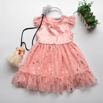 

Roimyal Wholesale 2019 Spring and Summer New Girls Sequines Dress Flying Sleeve Bright Star Tri-color 3-8 Years Children's Dress