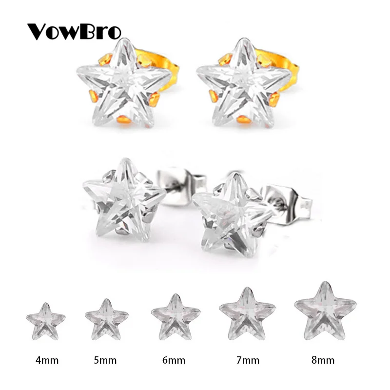 

VowBro 4-8mm Small Silver Gold Earrings with Star CZ Crystal Ear Studs Surgical Steel Cubic Zirconia Earring Women Accessories