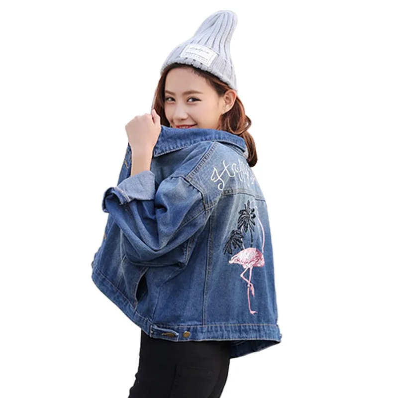 

Nice Spring Women Casual Jacket Double Pocket Flame Bird Pattern Jacket Denim Embroidered Jacket