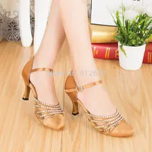 Качественная женская обувь для танцев на квадратном каблуке коричневого и синего цвета с закрытым носком и стразами