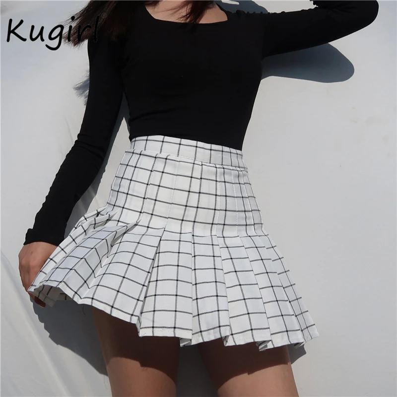 

Streetwear High Waist Pleated Skirts black white plaid fashion women Mini Skirt Tartan Black Casual harajuku skirts womens