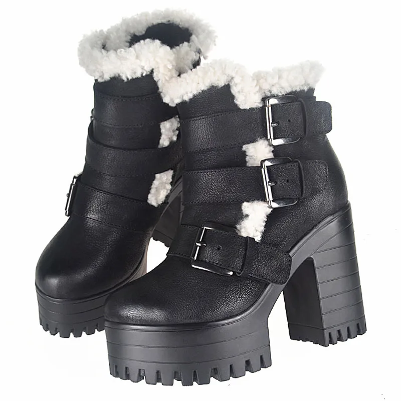 Women Boots 2016 Winter Boots Warm Snow Boots Thickening Wool Warm Shoes Chunky High Heels Woman Ankle Boots Platform Botines