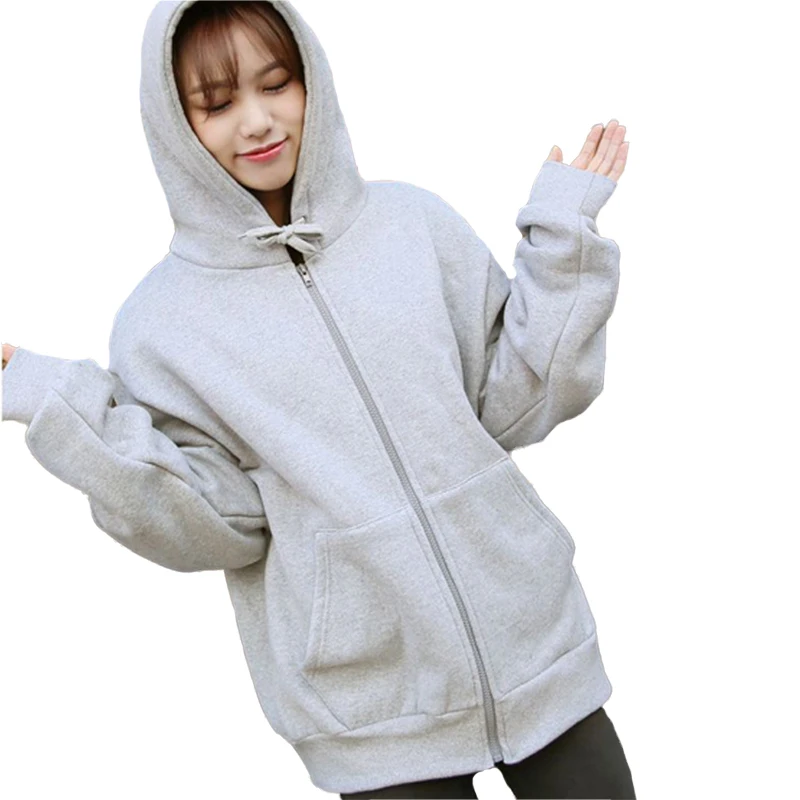 

2018 autumn and winter new hooded with zipper fashion casual pocket solid color plus velvet loose harajuku woman sweatshirts
