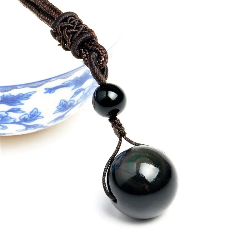 Natural Stone Black Obsidian Rainbow Eye Bead Ball Pendant Transfer Lucky Love 