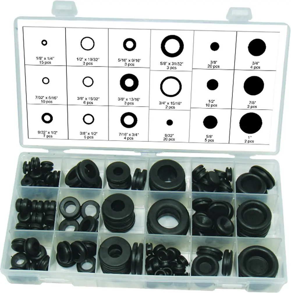 125 Piece Black Rubber Grommet Assortment Set Plug Wire Ring Assortment