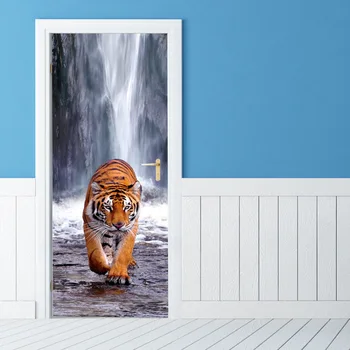 

Door Mural Wrap Look Tiger 3D Break Brick Pattern Eco-friendly Doors Cover Sticker Self-adhesive Wall Stickers for Home Decor