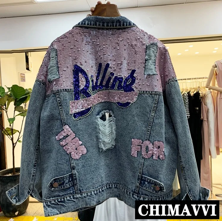 

European Autumn New Heavy Sequins Hole Loose Cowboy Jacket Female BF Wind Jean Jacket Students Denim Coat Outwear