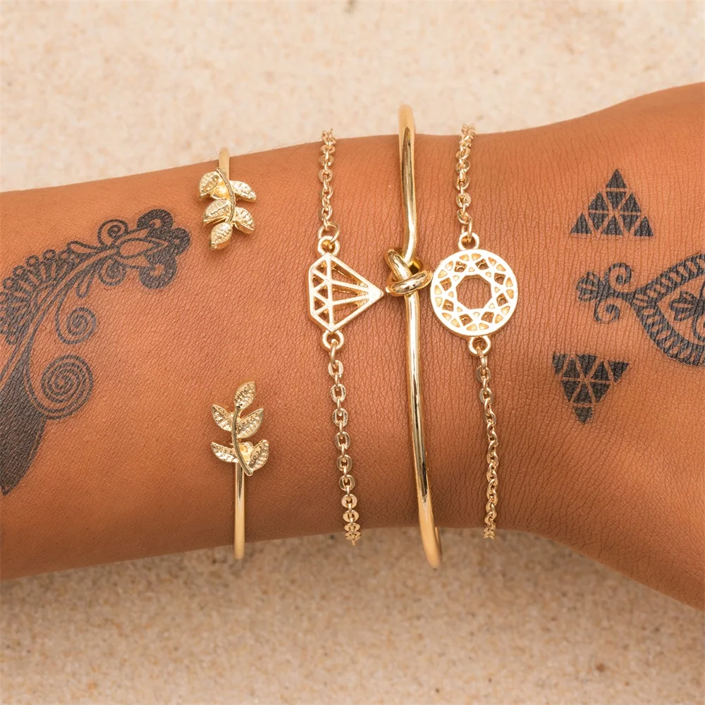 

Vienkim 4 Pcs/ Set Bohemian Leaves Knot Round Chain Opening Gold Bracelet Set Women Fashion Apparel Jewelry Valentines Day Gift