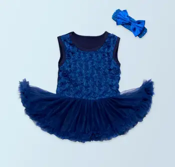

Pinkbabi Infant Baby Girls Romper 2PCs per Set Dark Blue Retro Roses Flower Baby Girl Tutu Dress Headband for 0-24Months