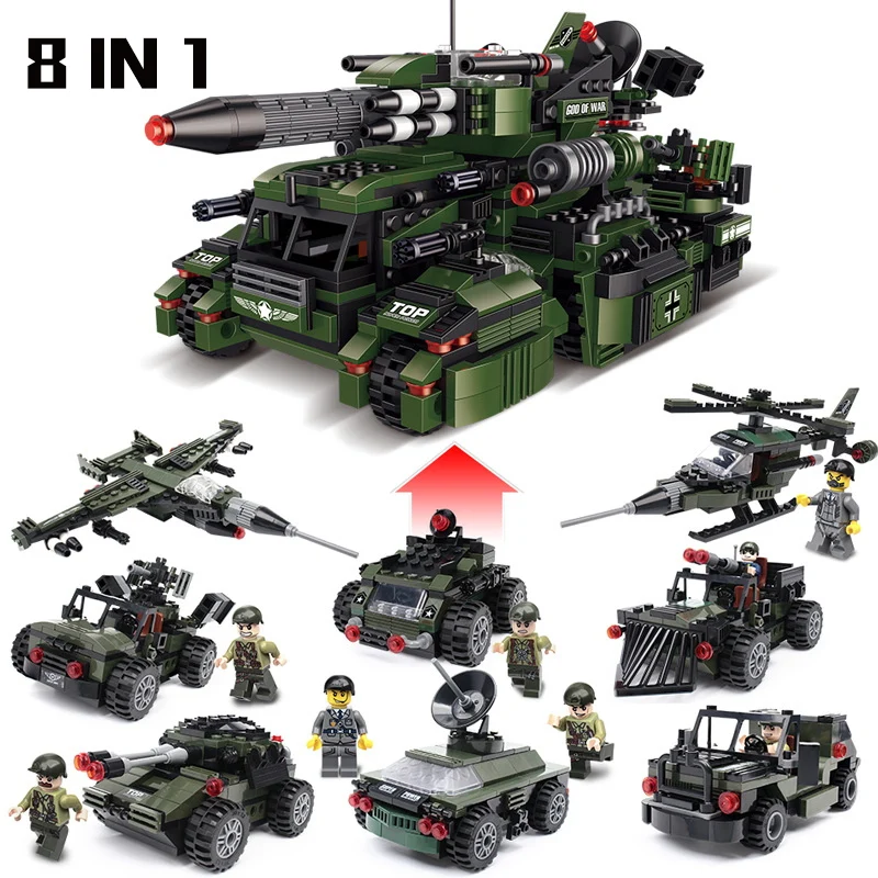 

967Pcs Military Series 8 IN 1 Ww2 Tanks Army Model Chariot Building Blocks Compatible Legoings City Bricks Children Toys Gift