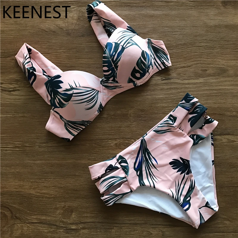 

KEENEST 2018 Mid Wast Women Swimsuit Swimwear Halter Brazilian Bikini Set Print Bathing Suit