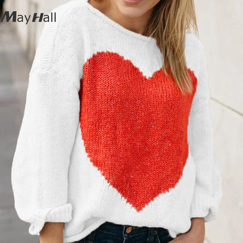 

MayHall Drop Shoulder Knitted Long Sleeve Women Pullovers Heart Printed Sweaters Casual Patchwork ropa invierno mujer 2018 MH331