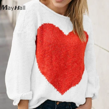

MayHall Drop Shoulder Knitted Long Sleeve Women Pullovers Heart Printed Sweaters Casual Patchwork ropa invierno mujer 2018 MH331