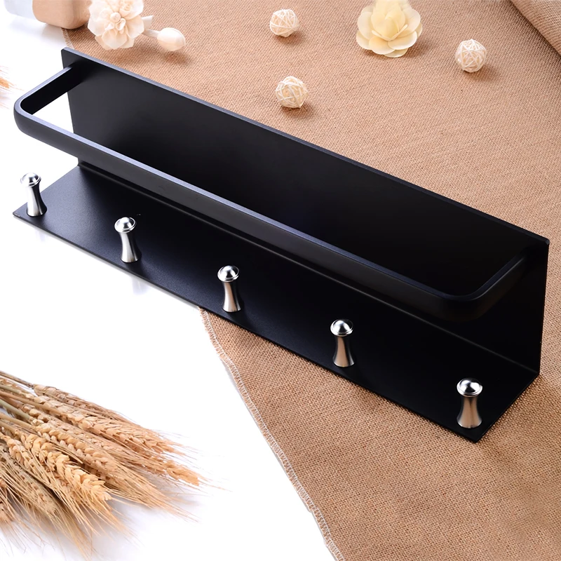 Bathroom Shelf Corner Aluminum Bathroom Shelves Shower Storage Rack with 5 Hooks Wall Mounted Single Towel Bar Holder Black
