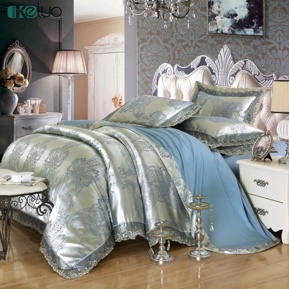 

KELUO Wedding Silver Blue Luxury Bedding Set Jacquard luxury Queen/king size Stain Bed set 4pcs Cotton Silk lace Duvet cover