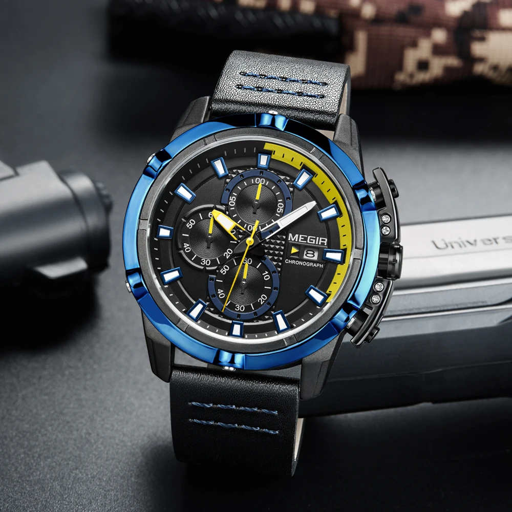 

MEGIR Men Watch Top Luxury Brand Mens Multifunction Quartz Watches Man Leather Band Waterproof Wristwatch Relogio Masculino