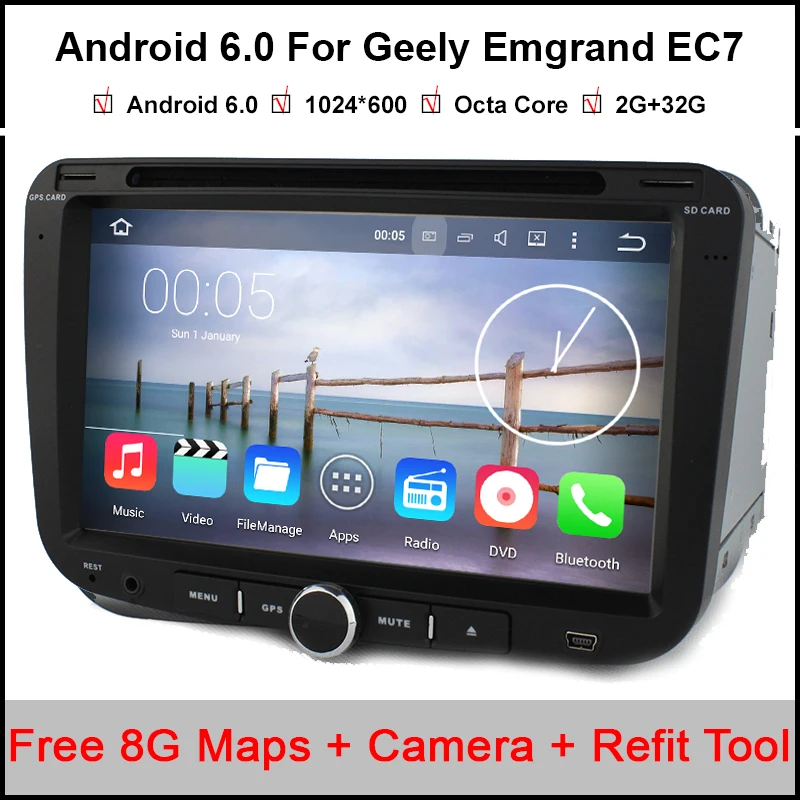 

1024*600 Octa Core CPU Android 6.0.1 Car DVD Player 2GB RAM 32GB Flash For Geely Emgrand EC7 Radio GPS Navigation Stereo BT