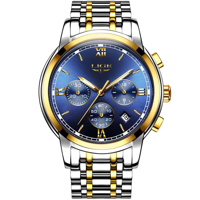gold blue steel Relogio Masculino часы мужские s люксовый бренд LIGE Хронограф Мужские спортивные часы водонепроницаемые все стальные кварцевые часы Montre Homme - Цвет: gold blue steel