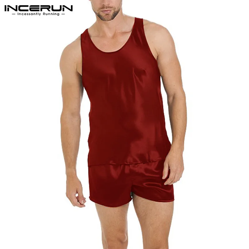 Wine Red INCERUN, мужские шелковые пижамы, сексуальный пижамный комплект, без рукавов, майка, мини шорты, мягкий халат, ночная рубашка, летние топы - Цвет: Wine Red