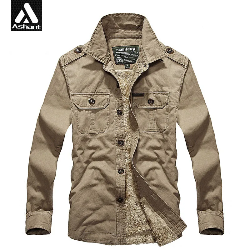 Men's Epaulette Shirts Fleece Cashere Warm Army Green Military Clothing