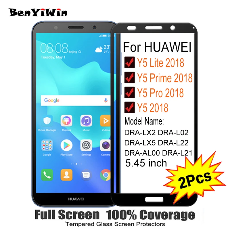 

2PCS Full Cover Screen Protector Tempered Glass For Huawei Y5 prime 2018 5.45" 9H Protective glass For y5 PRIME 2018 Film Case