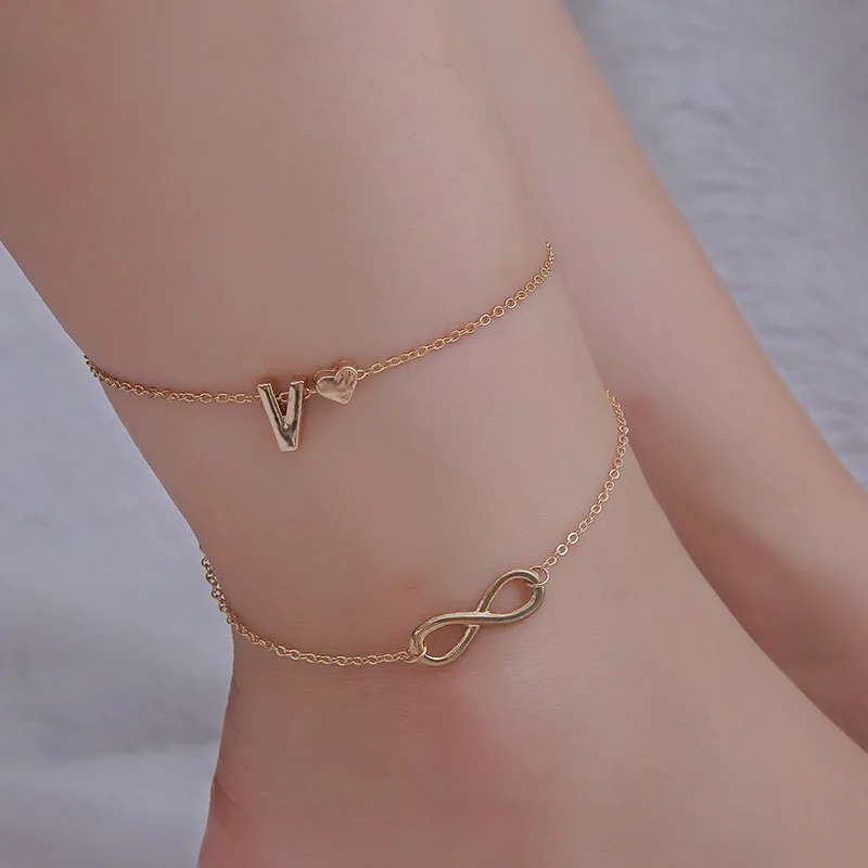 

Vintage Silver Anklet Female Letter Heart Bohemian ankle Boho Charm Jewelry Infinity Ankles Bracelets For Women Wholesale