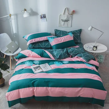 

Pink green Stripe Pattern Bedding Set Queen King Full twin Size Bed Linen 4pcs/Set Duvet Cover Set Bed Sheet AB Side Pillowcase