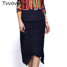 TVVOVVIN New Summer Fashion Women High Waist Pleated Knee Length Skirt Female Sexy Bottoms Vintage Wearing V553