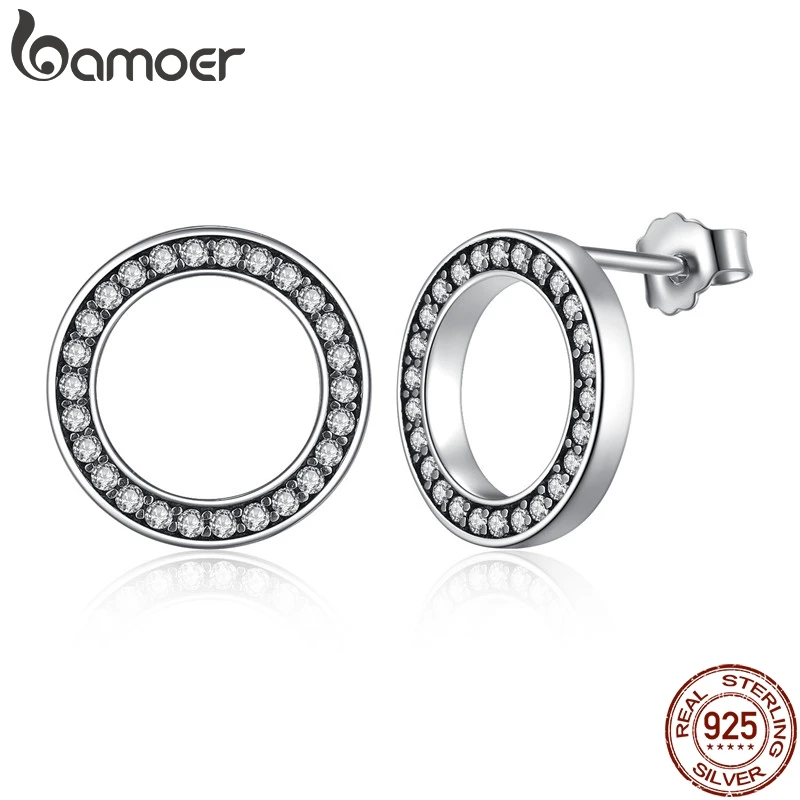 BAMOER Forever Clear CZ 925 Sterling Silver Circle Round Stud Earrings with CZ Jewelry GIFT Oorbellen Bijoux PAS437