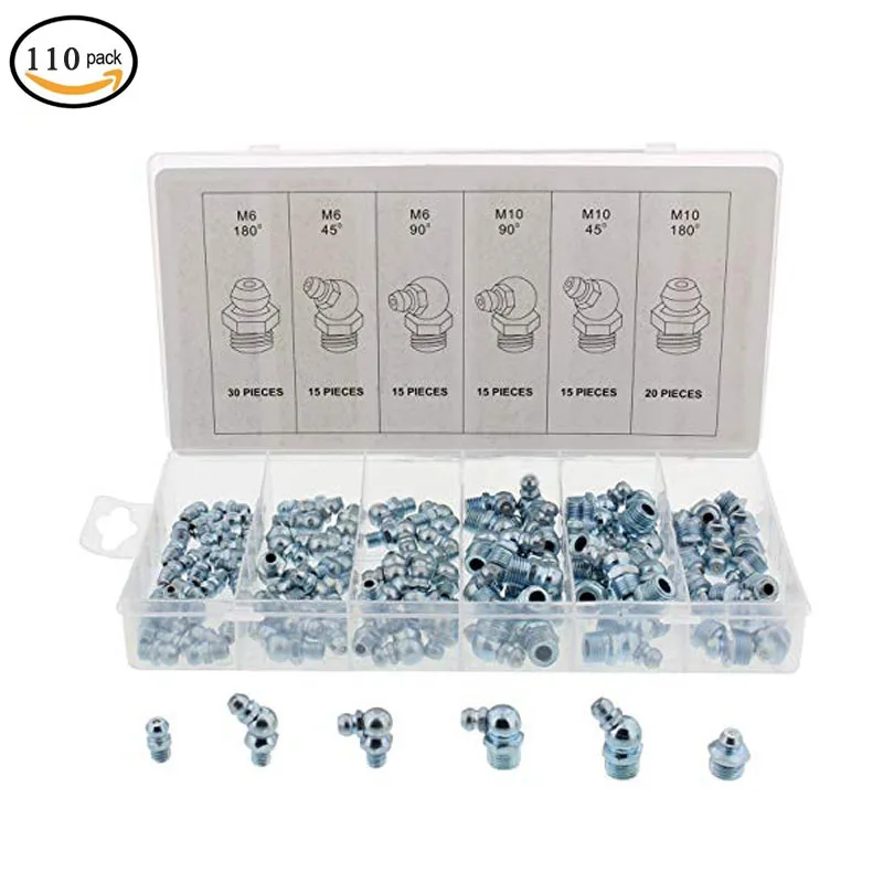 Zerk Graxa Hidráulica Montagem Métrica 110 Pcs Kit Hetero 90 Graus 45 Grau Angular Zerks Variedade Set