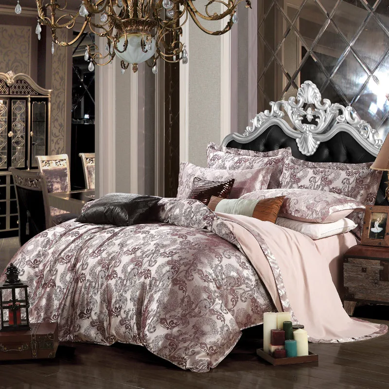 

New Luxury Jacquard Tencel Satin Jacquard Bedding Sets Pink Golden Bedsheet Queen King Size 4pcs Christmas Gift