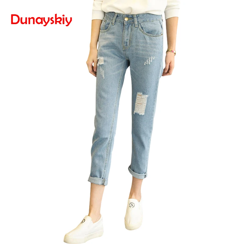 

Dunayskiy Blue High Waist Denim Jeans Woman Casual Hole Ripped Jeans Pants Trousers Women Plus Size Vintage Clothes Jean Femme