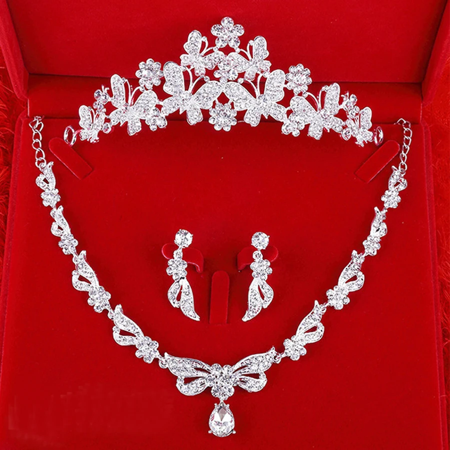 

3pcs Set Corolla Crown Tiara Bridal Necklace Earrings Sparkling Rhinestone Handmade Wedding Jewelry Set Ornament Parting Gifts