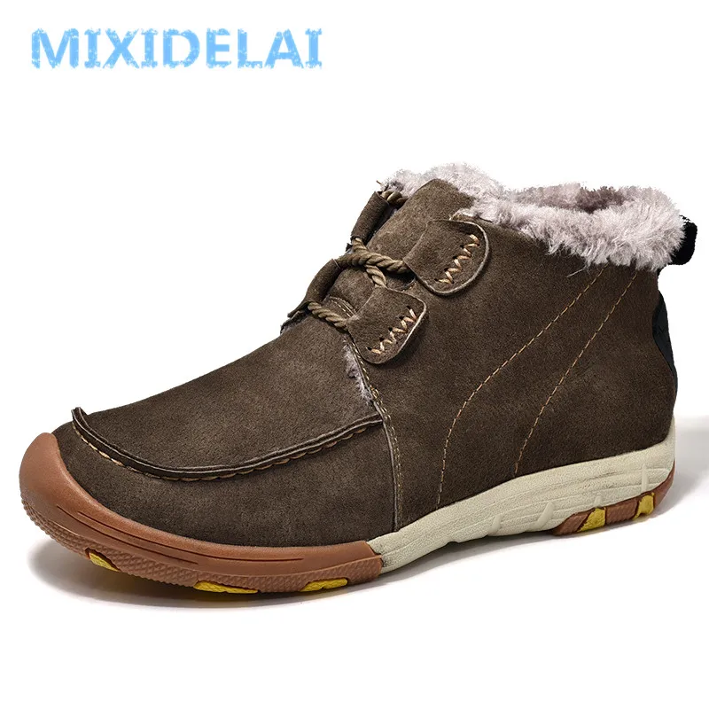 

MIXIDELAI 2018 New Winter Fur Warm Snow Boots For Men Sneakers Male Cow Suede Leather Casual Shoes waterproof Adult Ankle Boots