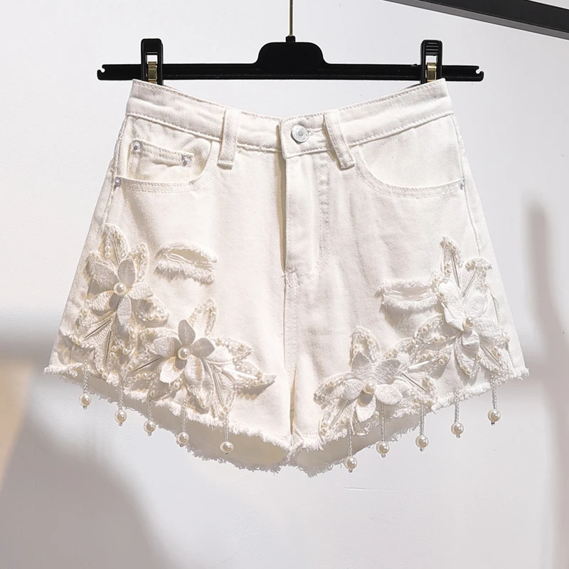 Pus Size 5XL 2018 Summer Women 3D Flower Pearl Tassels Denim Shorts Sexy Hole White Jeans Shorts Shorts