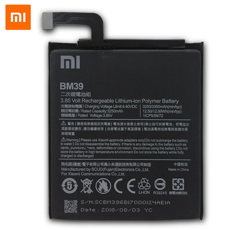 XiaoMi аккумулятор для Xiaomi Mi6 BM39 3250 мАч Высокая емкость Замена батареи мобильного телефона с розничной посылка+ Инструменты