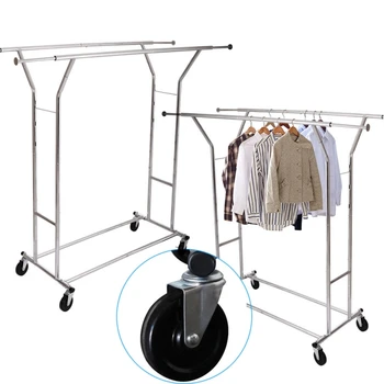 

Double Rail Steel Clothes Rack Stand Adjustable Telescopic Dual-Bar Rolling Clothing Rack Collapsible Garment Rack - US Stock