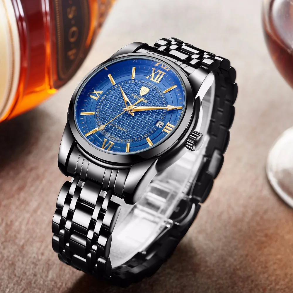 

TEVISE Men Automatic Self-Wind Watch Black Stainless Steel Auto Date Fashion Casual Skeleton Wristwatch T805A with bracelet tool
