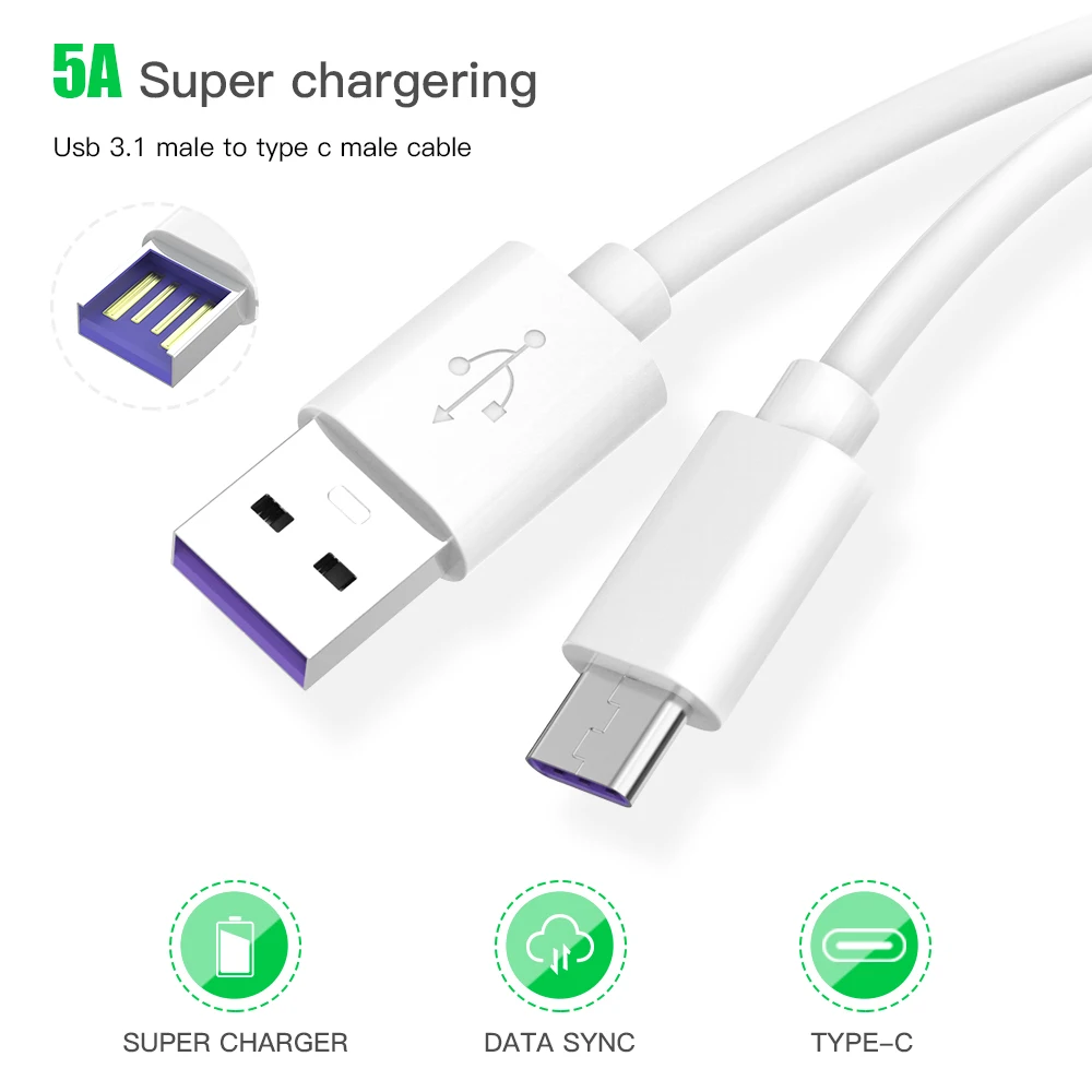 USB C 3.1 5A Type C Data Cable for Huawei Mate 9 10 P10 P20 P30 Pro Type-C 1m Fast Charging Charger for Nova 5 USB-C Supercharge
