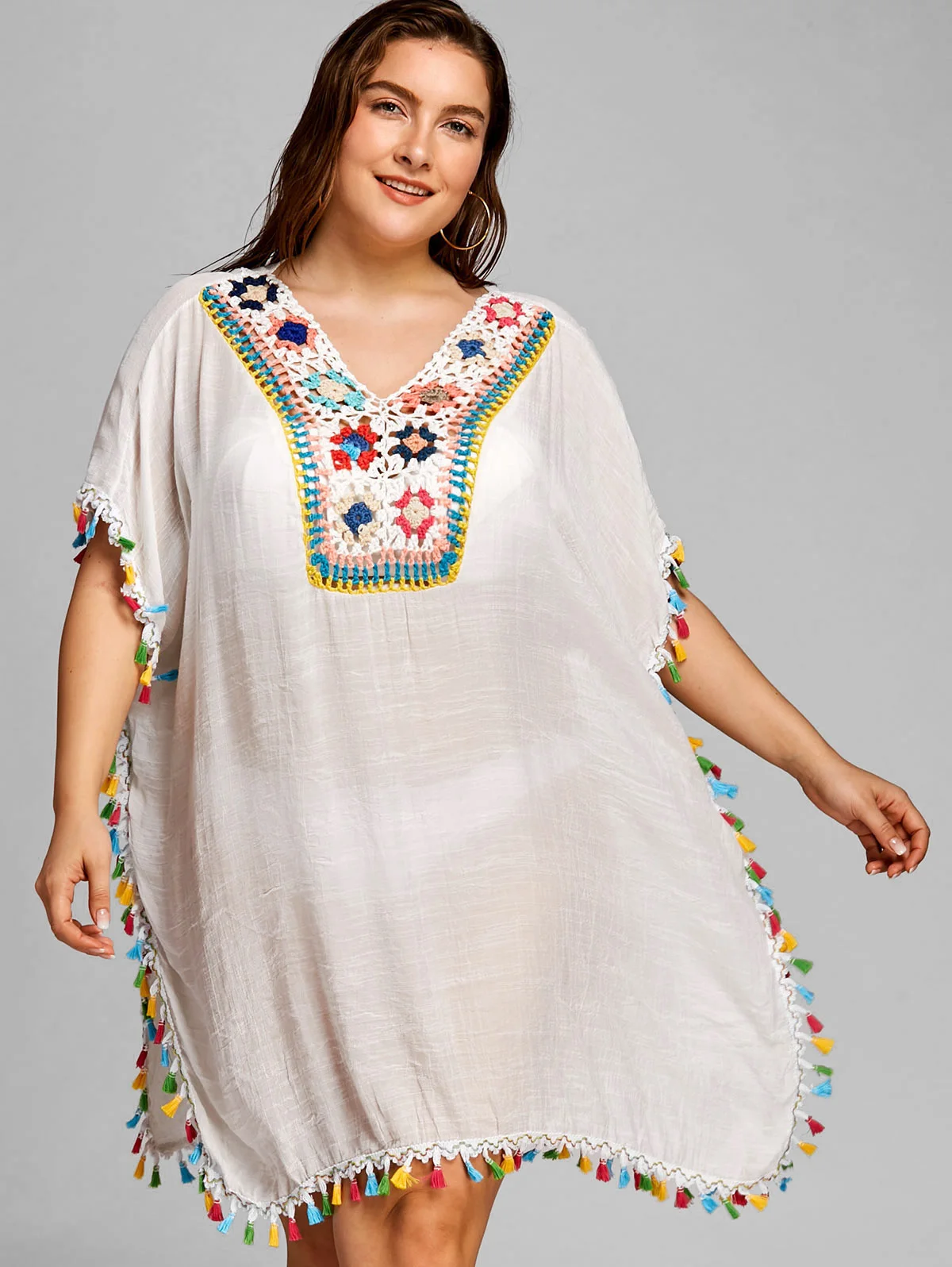 

Wipalo Women Summer Beach Plus Size Crochet Insert Tassel Dresse Vestidos V-Neck Half Sleeves Boho Dress Robe Femme Big Size 5XL