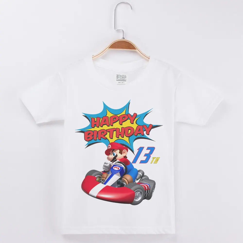 Футболка с принтом Марио; Одежда для мальчиков на день рождения; хлопковая детская одежда с рисунком для девочек; топы для мальчиков; детская рубашка; брендовые Детские футболки - Цвет: White 13Y